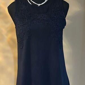 LOFT Navy Sleeveless Midi Dress with Lace Appliqué